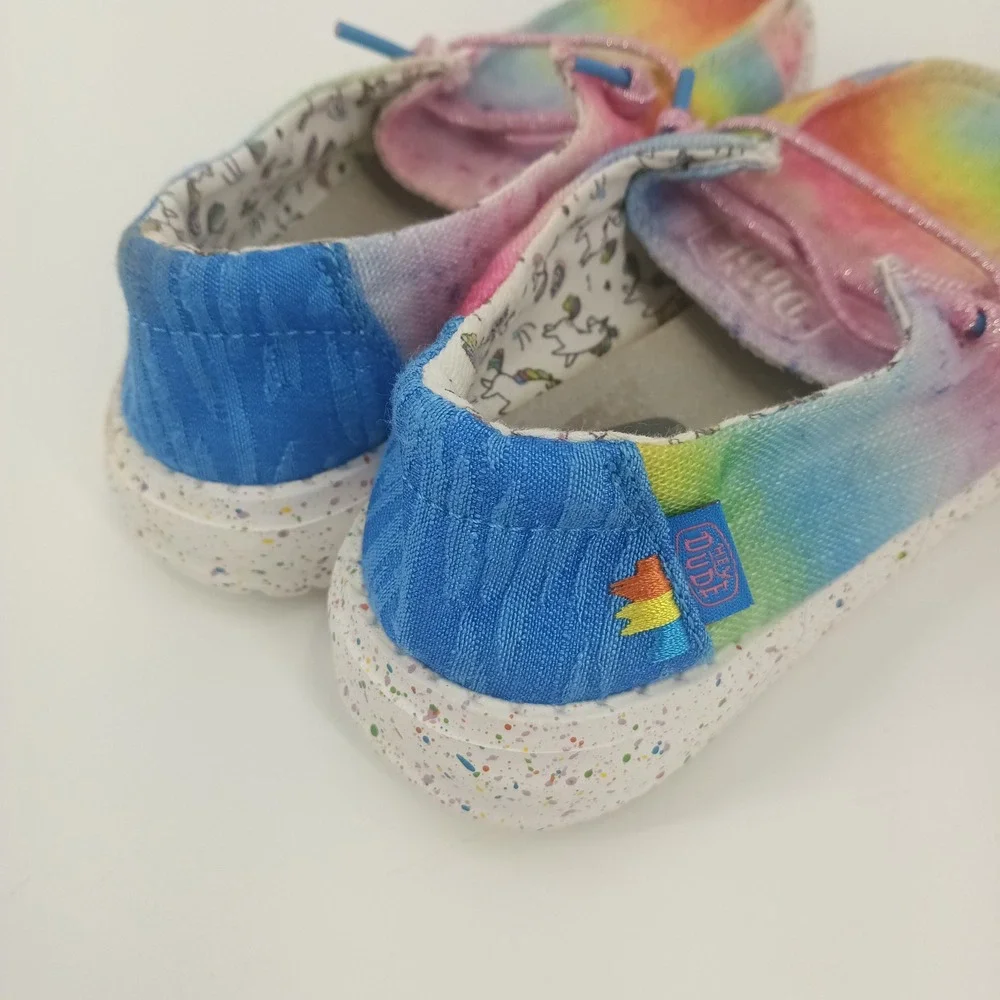 Hey Dude Wendy Youth Rainbow Tie Dye Unicorn Slip On Loafers Shoes Kids Size 12